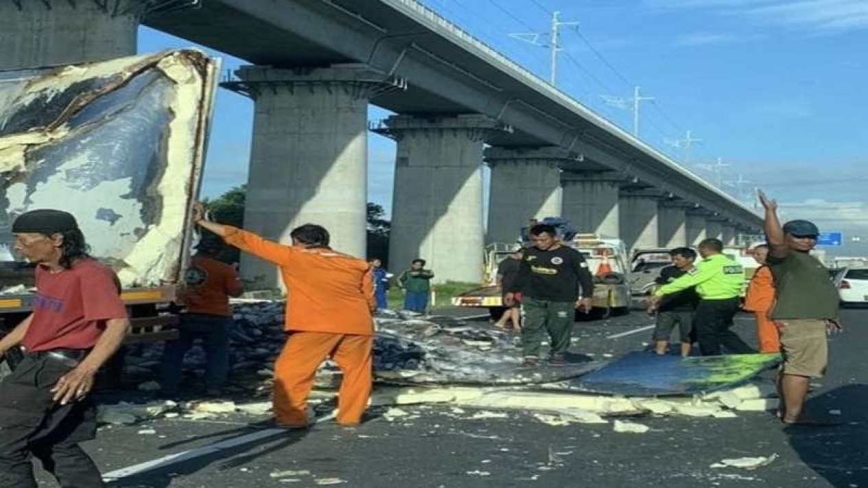 Foto Penampakan Ikan Tumpah Ke Jalan Bikin Macet Tol Cikampek Arah Jakarta