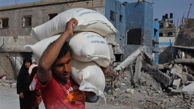 Pengungsi di Kamp Jabaliya, Gaza, mengangkut tepung bantuan dari PBB