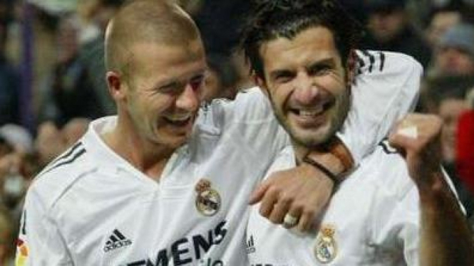 David Beckham (kiri) dan Luis Figo saat membela Madrid