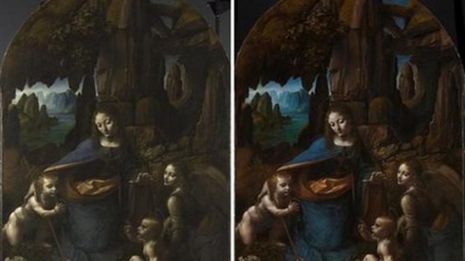 Lukisan karya Leonardo da Vinci sebelum dan sesudah dipugar (kanan). 