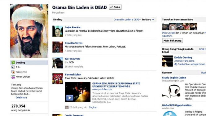 Laman Facebook Osama Bin Laden is DEAD