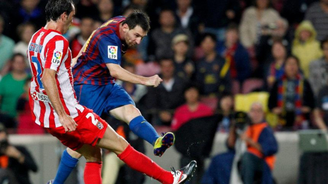 Striker Barcelona Lionel Messi saat melawan Atletico Madrid
