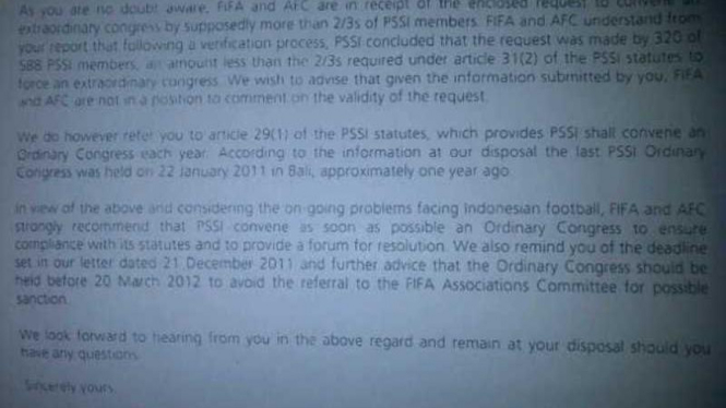 Surat FIFA kepada PSSI
