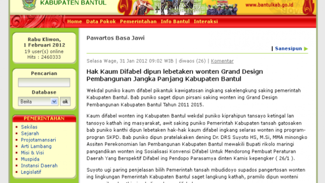 Web Kabupaten Bantul dengan bahasa Jawa