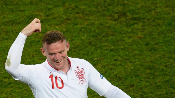 Striker timnas Inggris, Wayne Rooney, usai membobol gawang Ukraina