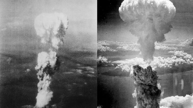 Ledakan bom atom di Hiroshima (kiri) dan Nagasaki 1945