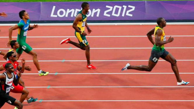Usain Bolt (kuning/depan) di Olimpiade 2012