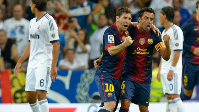 Lionel Messi (10) usai membobol gawang Real Madrid
