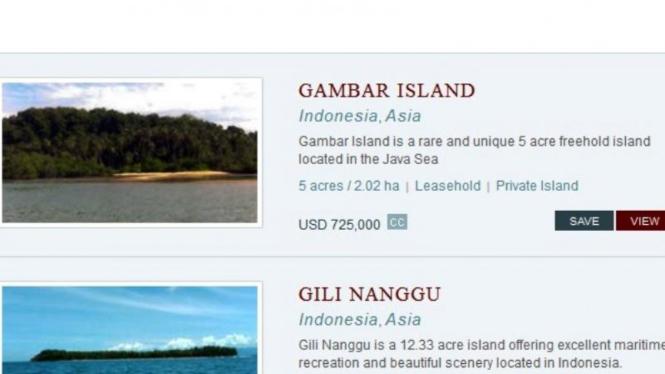 Dua pulau Indonesia yang dilego di situs privateislandsonline.com