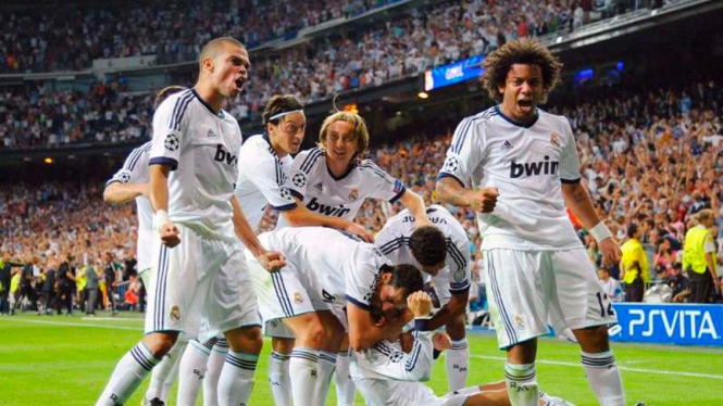 Pemain Real Madrid saat merayakan kemenangan atas Manchester City