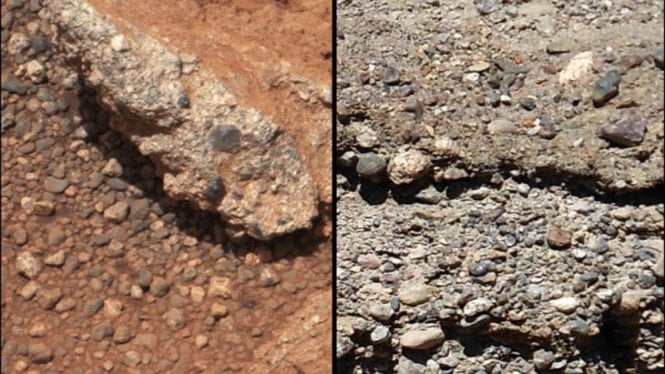 Kerikil di bebatuan Mars (kiri) dan kerikil di bebatuan Bumi (kanan)