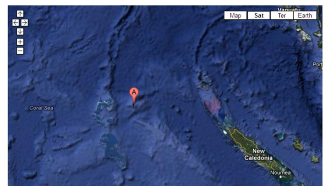 Penunjuk Google Earth (A) untuk menunjuk Sandy Island