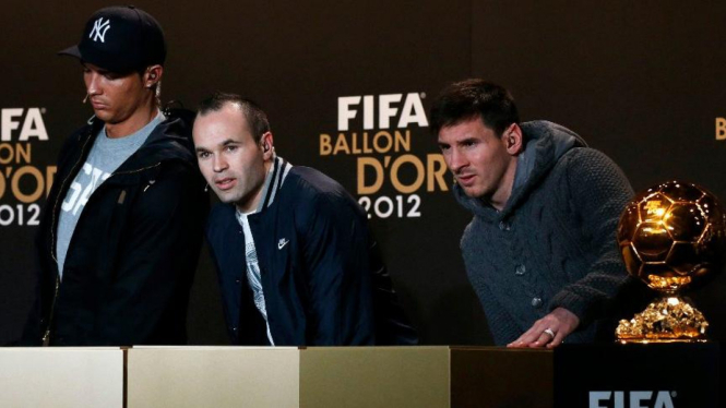 Cristiano Ronaldo, Andres Iniesta dan Lionel Messi di Ballon d'Or 2012