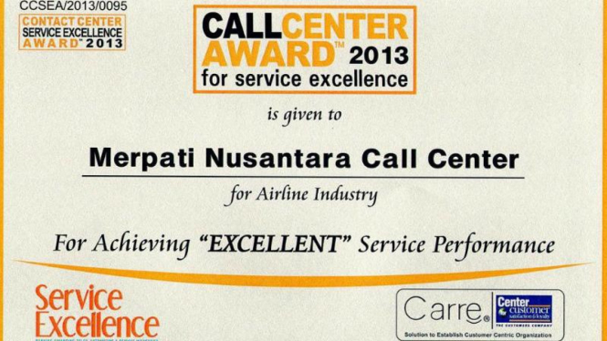 Penghargaan Contact Center Service Excellent Award 2013