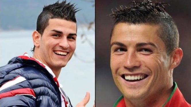Cristiano Ronaldo (kanan) dan "kembarannya" asal Turki, Gokmen Akdogan.