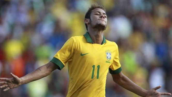 Neymar usai mencetak gol ke gawang Bolivia