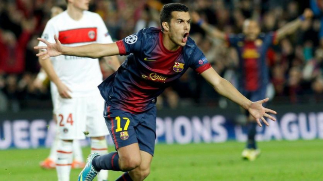 Pemain Barcelona Pedro usai membobol gawang PSG