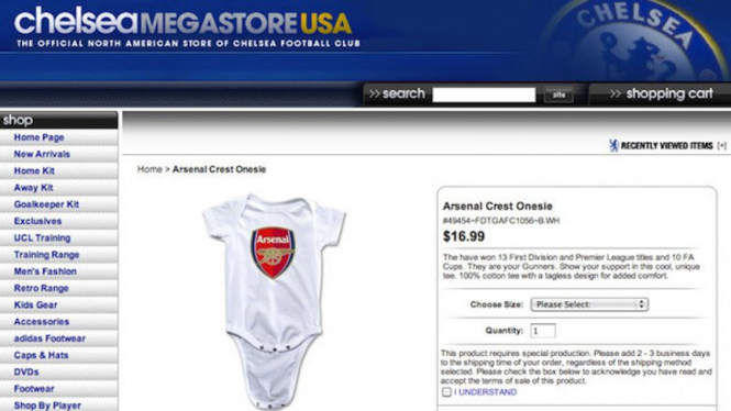 Situs merchandise Chelsea menjual pakaian bayi Arsenal