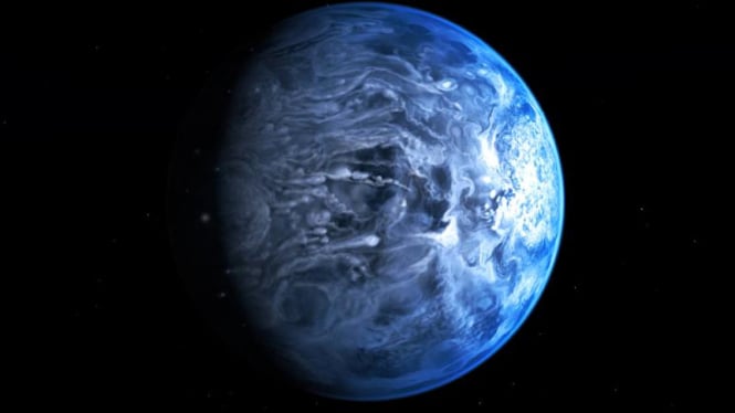 Ilustrasi planet HD 189733b, berwarna biru mirip Bumi