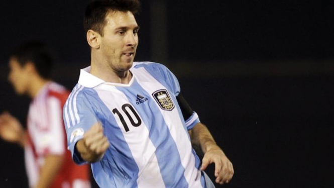 Pemain Argentina, Lionel Messi, usai cetak gol