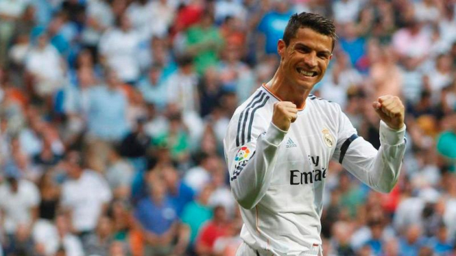 Pemain Real Madrid, Cristiano Ronaldo, usai cetak gol