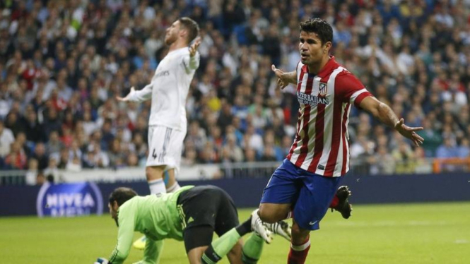 Pemain Atletico Madrid, Diego Costa, usai membobol gawang Real Madrid
