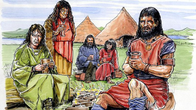 Ilustrasi manusia kuno yang sedang menyantap bir