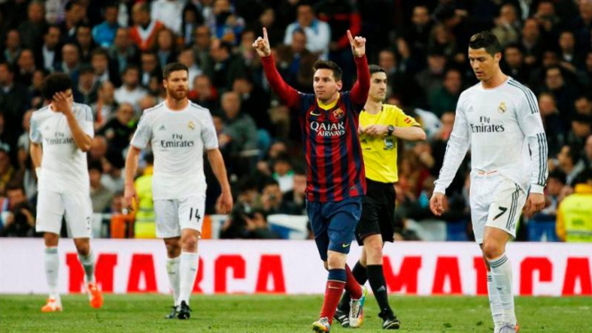 Pemain Barcelona, Lionel Messi, usai bobol gawang Real Madrid