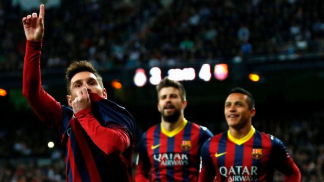 Pemain Barcelona, Lionel Messi, usai bobol gawang Real Madrid