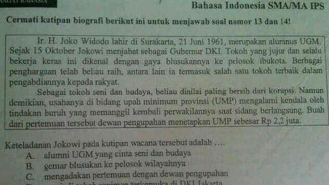Kutipan biografi Joko Widodo di soal Ujian Nasional