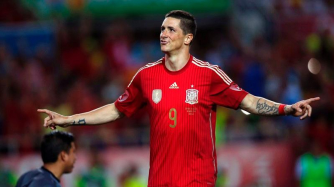 Penyerang Spanyol, Fernando Torres, usai mencetak gol.