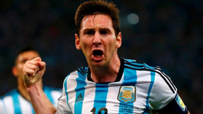 Pemain Timnas Argentina, Lionel Messi, usai cetak gol