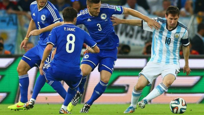 Pemain Timnas Argentina, Lionel Messi, saat lawan Bosnia