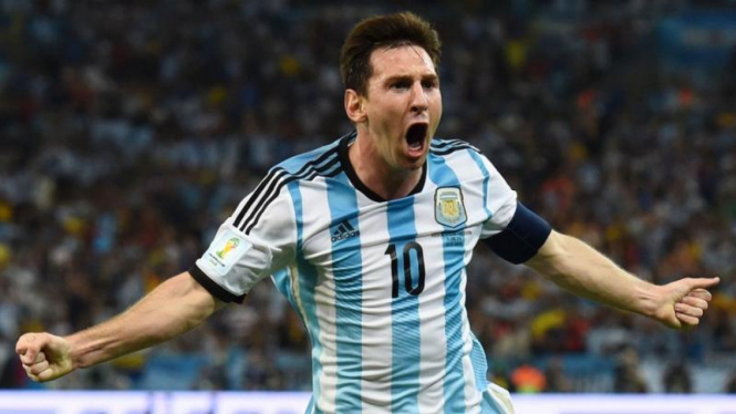 Pemain Timnas Argentina, Lionel Messi, usai cetak gol