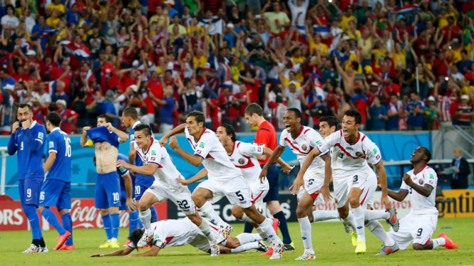 Pemain Kosta Rika saat mengalahkan Yunani di Piala Dunia 2014