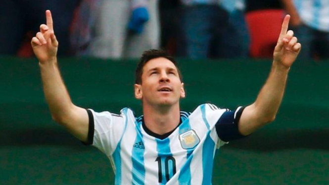 Pemain Timnas Argentina, Lionel Messi, usai cetak gol