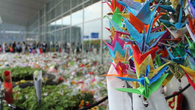 Bunga tanda duka cita korban pesawat MH17 di Bandara Schiphol