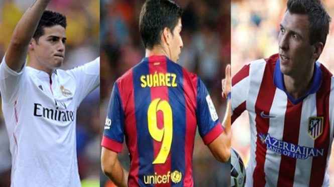 James Rodriguez, Luis Suarez dan Mario Mandzukic (ki-ka)