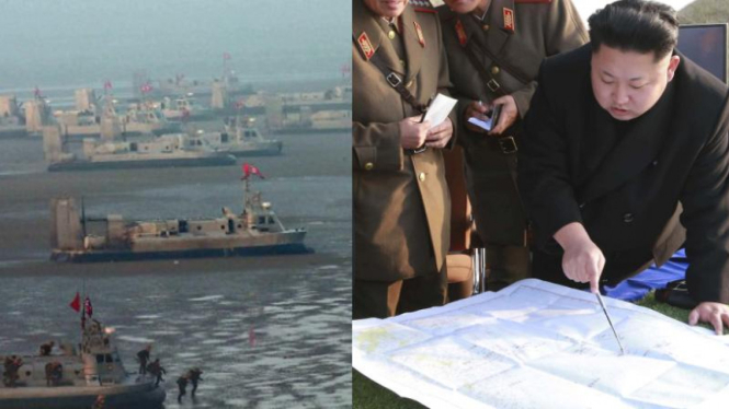 Pemimpin Korut Kim Jong Un memberikan instruksi dalam latihan perang