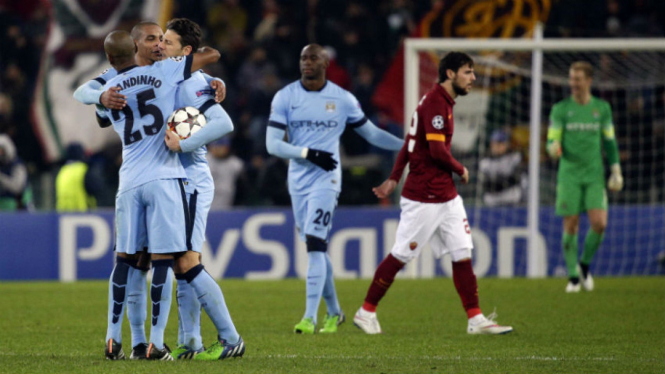 Pemain Manchester City merayakan kemenangan atas AS Roma
