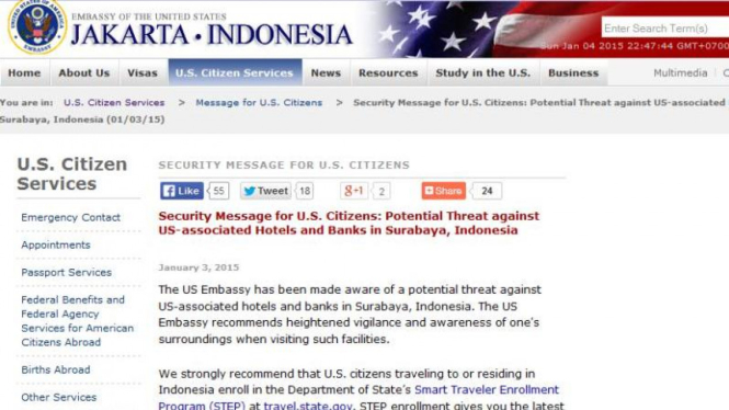 Peringatan Kedubes AS atas ancaman keamanan di Surabaya.