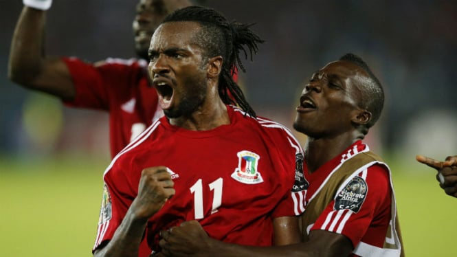 Pemain Equatorial Guinea merayakan gol ke gawang Gabon