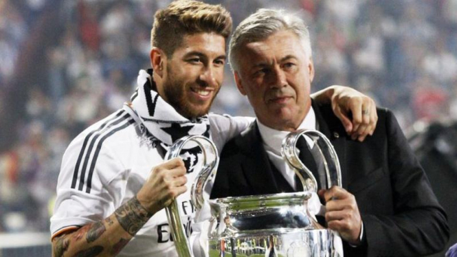 Sergio Ramos dan Carlo Ancelotti usai Real Madrid menjuarai Liga Champions