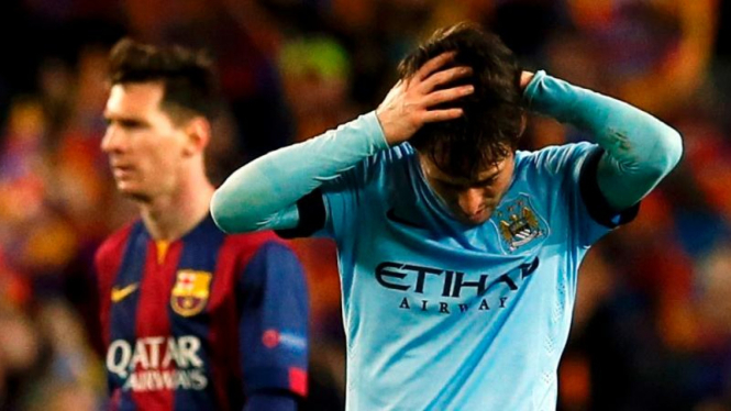 Reaksi pemain ManCity David Silva usai dikalahkan Barcelona