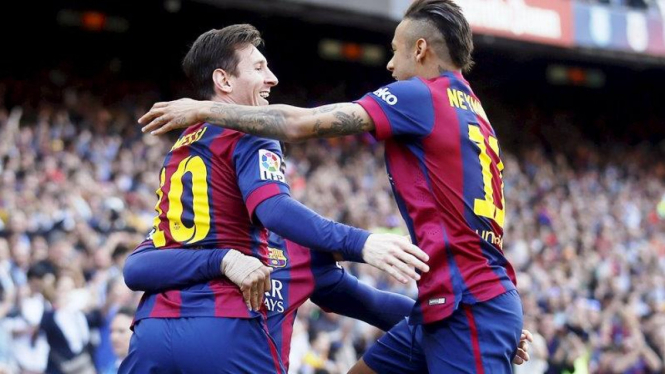 Trio penyerang Barcelona, Lionel Messi, Luis Suarez, dan Neymar