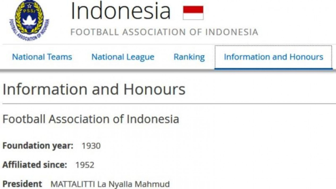 La Nyalla tercantum sebagai Presiden PSSI di situs FIFA