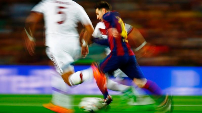 Pemain Barcelona, Lionel Messi, saat lawan Bayern Munich