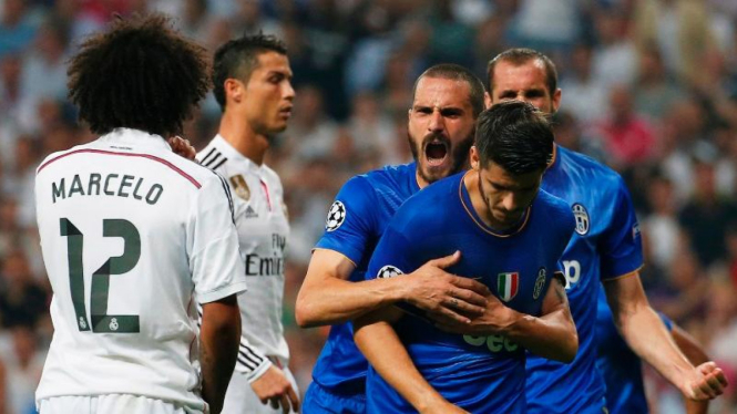 Pemain Juventus selebrasi gol Alvaro Morata ke Real Madrid