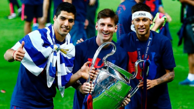 Pemain Barcelona, Luis Suarez, Leo Messi, dan Neymar