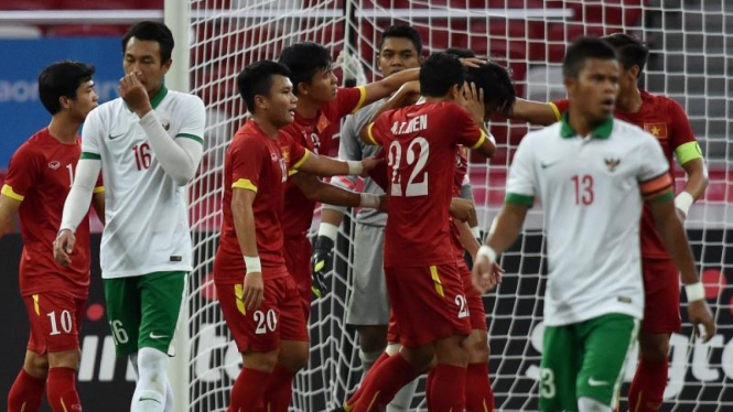 Selebrasi pemain Vietnam usai cetak gol ke gawang Indonesia